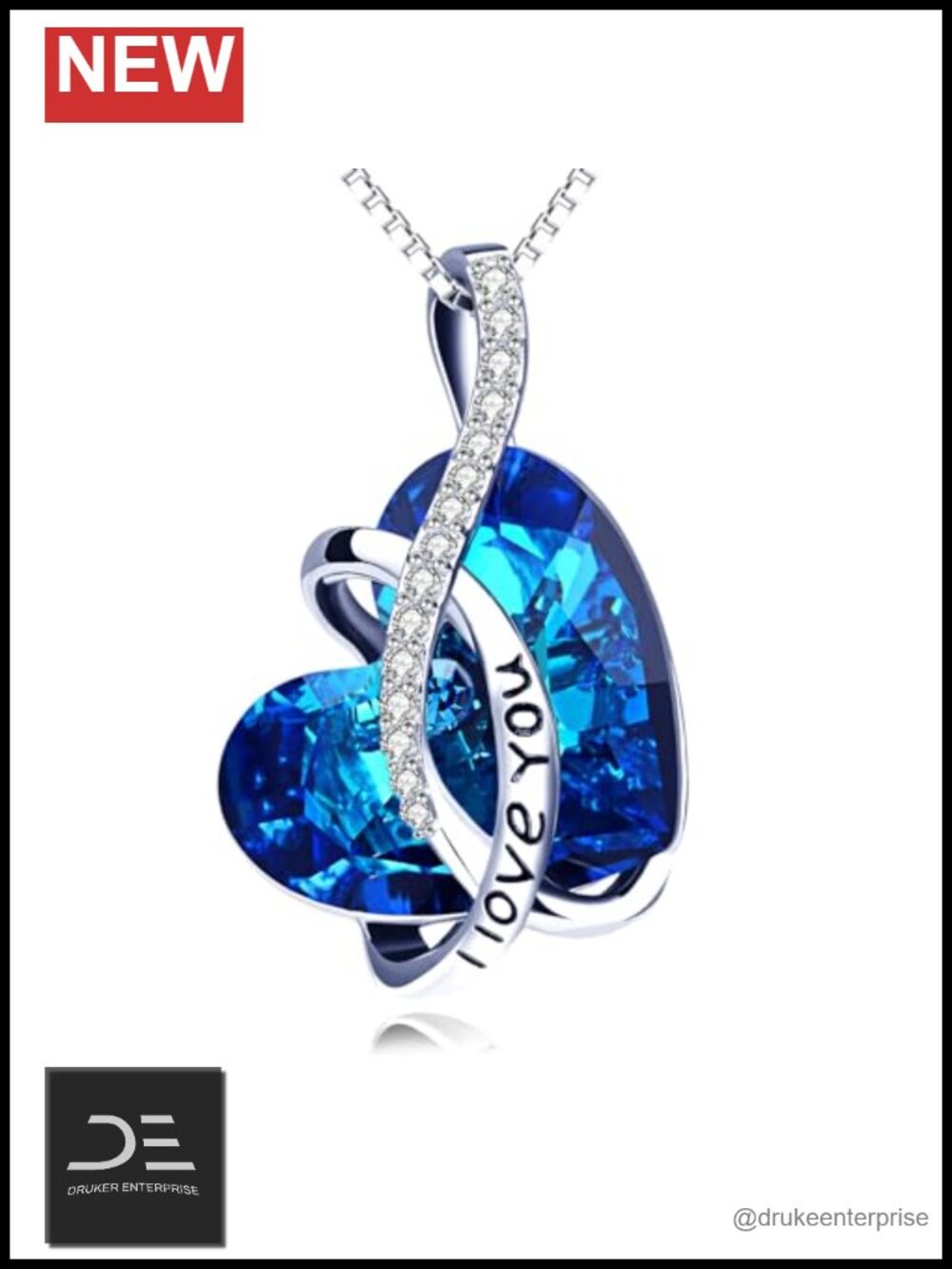 Sterling Silver 925 Crystal Heart Pendant Necklace, I Love You, 18 inch,